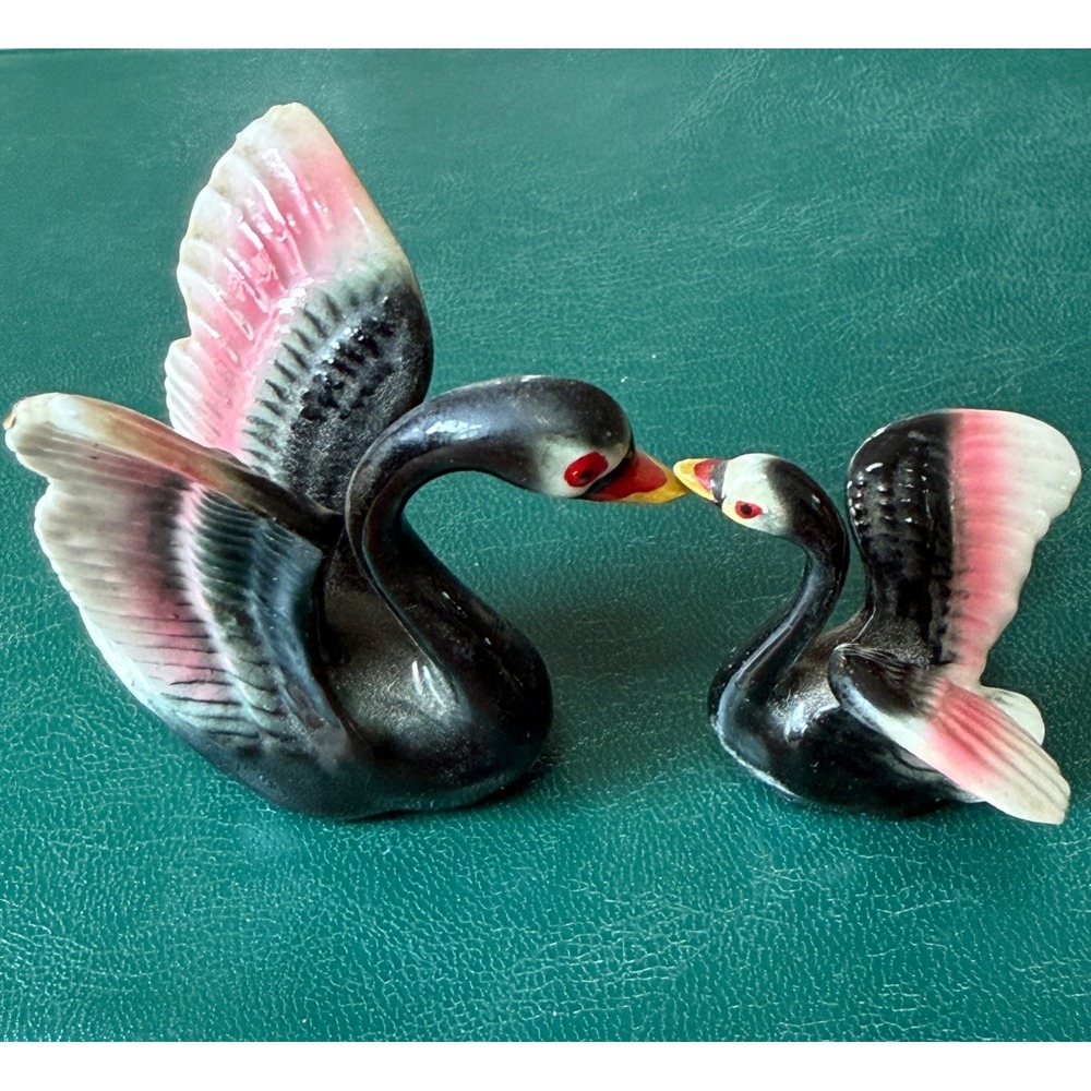 Japan Vintage Bone China Black Swan Figurine Set Pink Accents 2 Piece Pair